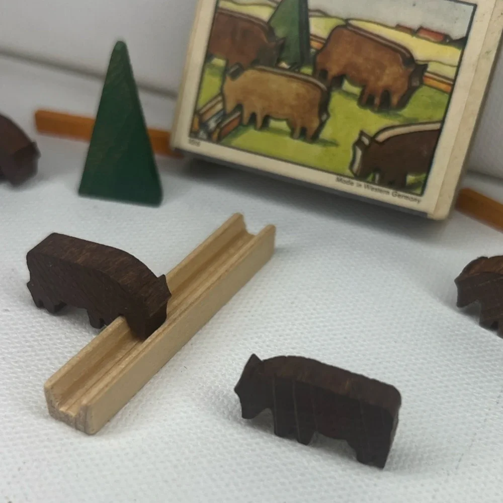 Vintage Wooden Buffalo Play Set w/ 4 Figures, Fence & Tree, Made Western Germany